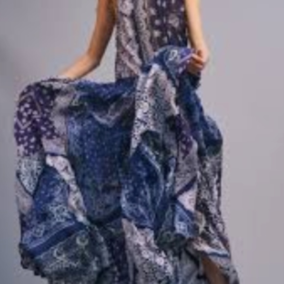 POLO RALPH LAUREN Pattern Mix Keyhole Neck Sleeveless Maxi Dress In Blue Banda - Picture 9 of 9